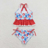 S0253---Red blue flower polka dots girls 4th of july swimsuit