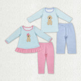 long sleeve embroidery dog pink and blue  kids outfits
