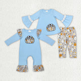 Halloween fall pumpkin floral embroidery  blue kids clothing