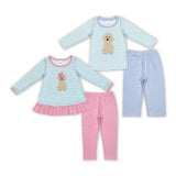 long sleeve embroidery dog pink and blue  kids outfits