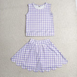 GSD4067 baby girls checkered purple sleeveless scalloped skirt Outfits yoga