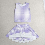 GSD4067 baby girls checkered purple sleeveless scalloped skirt Outfits yoga