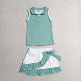 GSD4121 baby girls blue checkered sleeveless scalloped skirt Outfits yoga