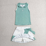 GSD4121 baby girls blue checkered sleeveless scalloped skirt Outfits yoga