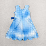 GSD3778 girls blue checkered sleeveless bow scalloped dress yoga