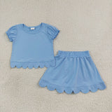 GSD3933 Girls solid blue puff sleeve scalloped skirt outfits cotton