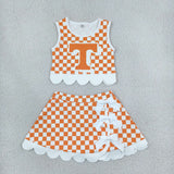 GSD4282 girls T orange checkered sleeveless skirt bow outfits yoga