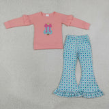 Matching girls Christmas bow long sleeves plaid pants outfits embroidery