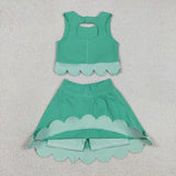 GSD3320 baby girls solid green sleeveless checkered bow skirt Outfits yoga