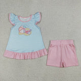 Matching Baby girls boys beach short sleeve  shorts outfits embroidery