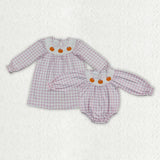 Matching girls fall pumpkin purple plaid long sleeves clothing smocked