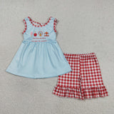 GSSO2544 baby girls Ferris wheel blue sleeveless checkered shorts outfits