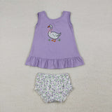 GBO0502 baby girls goose purple sleeveless bummies embroidery