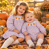 Matching girls fall pumpkin purple plaid long sleeves clothing smocked