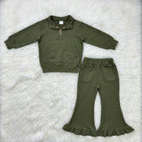 Matching Baby girls fall winter zipper long sleeve ruffle outfits sweatshirt material