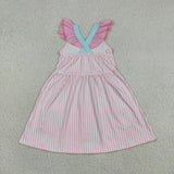 GSD3958 girls pink stripe button Shell dress embroidery