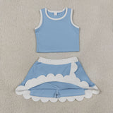 GSD4084 baby girls blue sleeveless scalloped skirt Outfits yoga