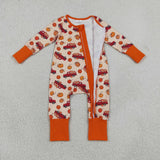 LR3234 baby boys pumpkin tractor long sleeve zipper romper