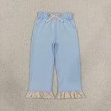 GLP3696 toddler girls solid blue long sleeve ruffle pant outfits cotton