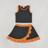 GSD4259  girls black sleeveless orange scalloped skirt outfits yoga