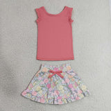 GSD3772 baby girls pink floral sleeveless flower skirt Outfits yoga