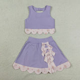 GSD3323 baby girls solid purple sleeveless checkered bow skirt Outfits yoga