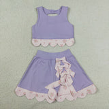 GSD3323 baby girls solid purple sleeveless checkered bow skirt Outfits yoga