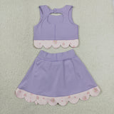GSD3323 baby girls solid purple sleeveless checkered bow skirt Outfits yoga