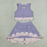GSD3323 baby girls solid purple sleeveless checkered bow skirt Outfits yoga