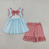 GSSO2544 baby girls Ferris wheel blue sleeveless checkered shorts outfits