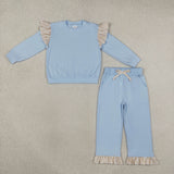 GLP3696 toddler girls solid blue long sleeve ruffle pant outfits cotton