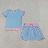 GSD3671 girls blue pink short sleeve skirt outfits