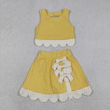 GSD3324 baby girls solid yellow sleeveless checkered bow skirt Outfits yoga
