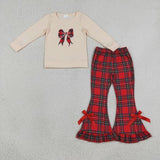 Matching girls Christmas bow long sleeves plaid pants outfits embroidery