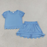 GSD3933 Girls solid blue puff sleeve scalloped skirt outfits cotton