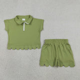 GSSO3375 girls solid green zipper scalloped shorts outfits