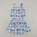 GSD3874 Girls July Fourth bow blue sleeveless skirt outfits yoga