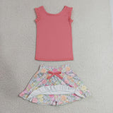 GSD3772 baby girls pink floral sleeveless flower skirt Outfits yoga