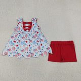 GSSO3386 girls July Fourth flage scalloped red shorts outfits
