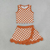GSD4252 girls orange checkered sleeveless scalloped skirt outfits yoga