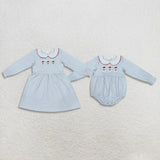 Matching Baby girls Christmas Santa blue stripe long sleeve collar clothing embroidery