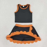 GSD4259  girls black sleeveless orange scalloped skirt outfits yoga