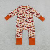 LR3234 baby boys pumpkin tractor long sleeve zipper romper