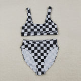 S0738 Adult women black checkered women summer swimsuit