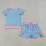 GSD3671 girls blue pink short sleeve skirt outfits
