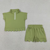 GSSO3375 girls solid green zipper scalloped shorts outfits