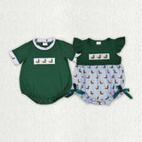 Matching Girls boys girls duck green romper embroidery
