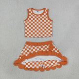 GSD4252 girls orange checkered sleeveless scalloped skirt outfits yoga