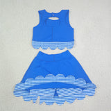 GSD4177 baby girls blue sleeveless scalloped skirt Outfits yoga
