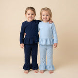 Matching  girls solid blue navy long sleeve ruffle clothing cotton